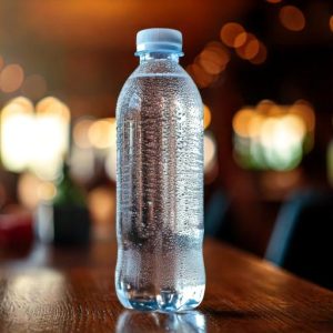 Clear plastic water bottle with a white cap on a wooden table.