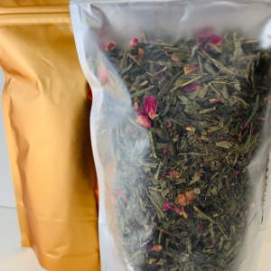 A fragrant cup of Green Tea Sencha with Rose Buds, combining the refreshing, vegetal notes of sencha with the floral sweetness of rose petals.