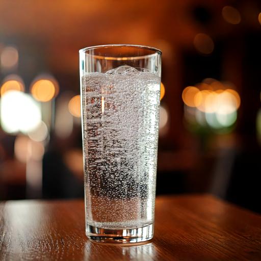 Chilled sparkling water bottle with condensation on a wooden table.