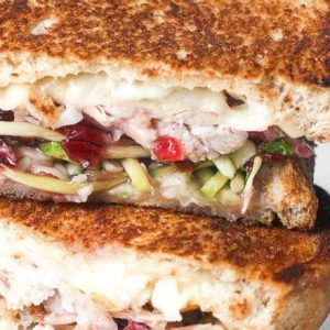 Turkey cranberry grilled sandwich with toasted bread, layers of roasted turkey, melted cheese, and tangy cranberry sauce, served on a plate